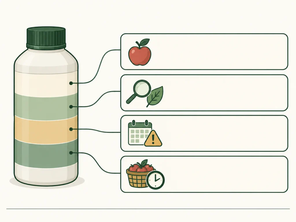Four fungicide label checks: edible crop, rust claim, use restrictions, and harvest interval.