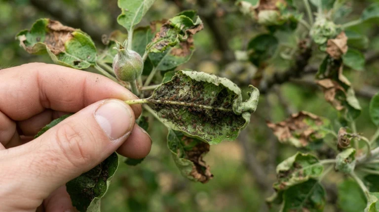 apple tree pests inspection showing a grower checking leaves and developing apples