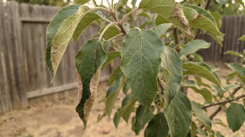 apple tree drought stress symptoms with drooping foliage and brown leaf margins