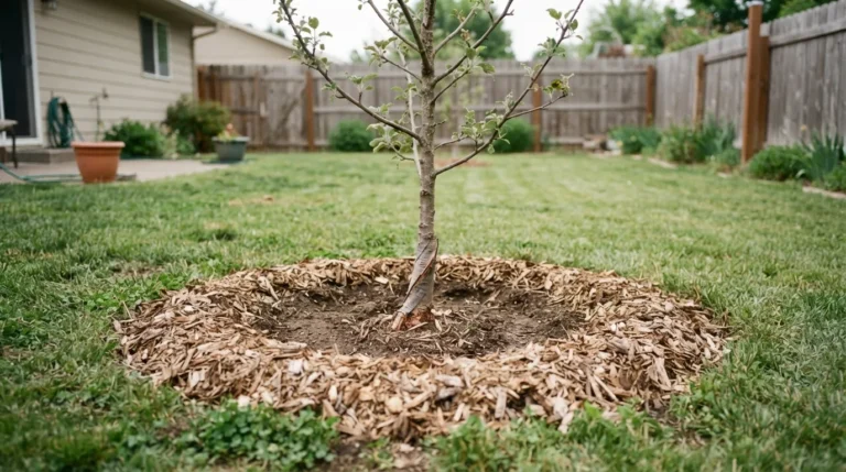 apple tree mulching with a wide wood-chip ring and an exposed root flare