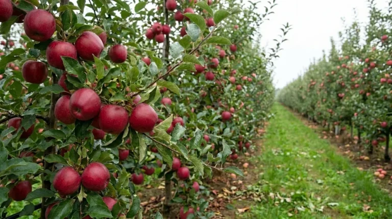drip irrigation for apple trees with emitters spread across a mulched root zone