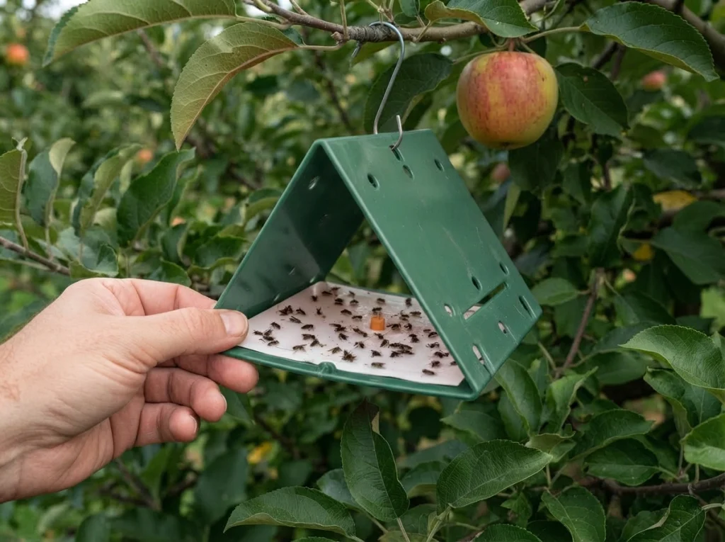 apple pest identification inspection with hand lens, notebook, and monitoring trap