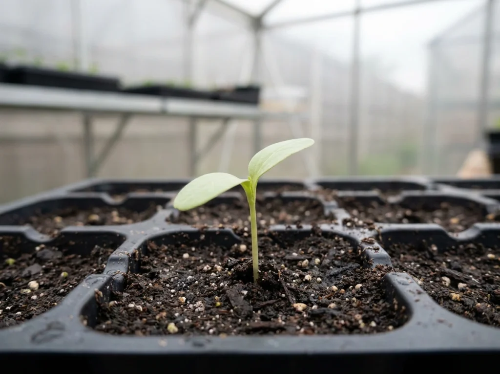 germinating apple tree from seed — small seedling with first true leaves in seed tray