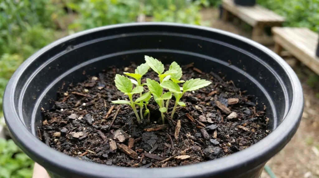 apple tree growing from seed — close-up of sprouted apple seedling in potting soil