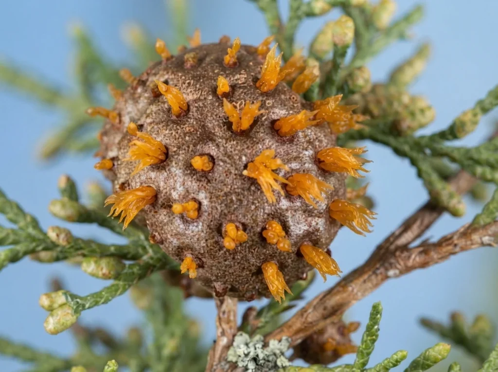 Cedar apple rust gall with orange gelatinous horns on an eastern redcedar twig