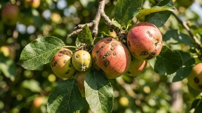 apple tree disease identification showing varied leaf and fruit symptoms on a backyard apple tree