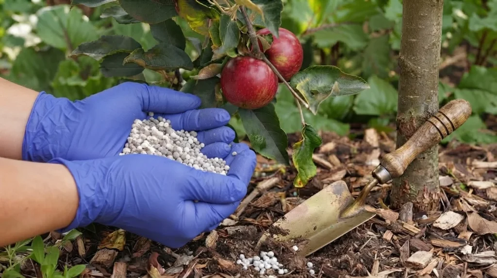 when to fertilize apple trees — gardener spreading granular fertilizer around a young apple tree in spring