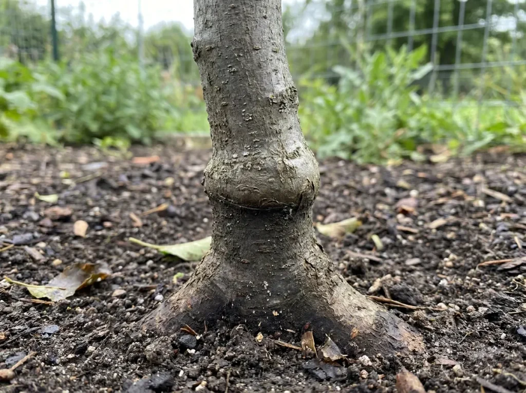 Healed graft union above the soil, showing where apple tree rootstocks join the scion.