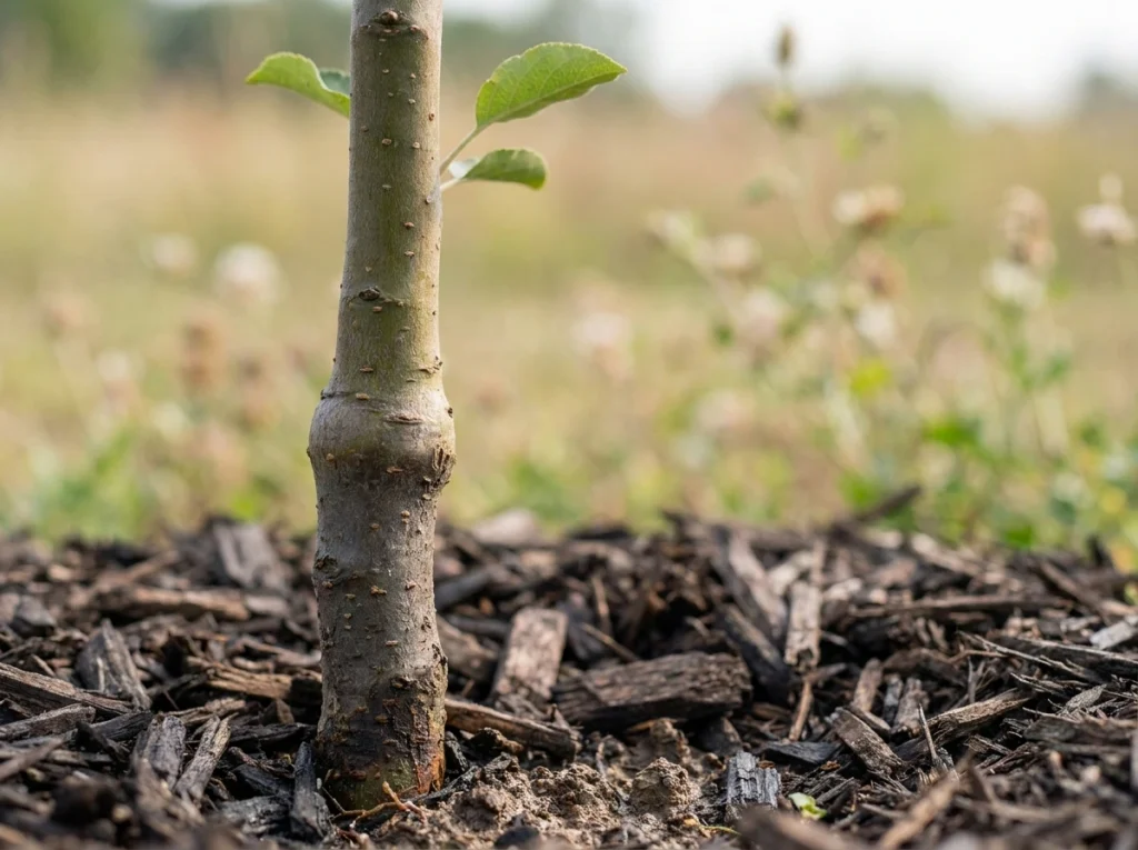 Apple graft union showing M9 rootstock below the scion on a young tree