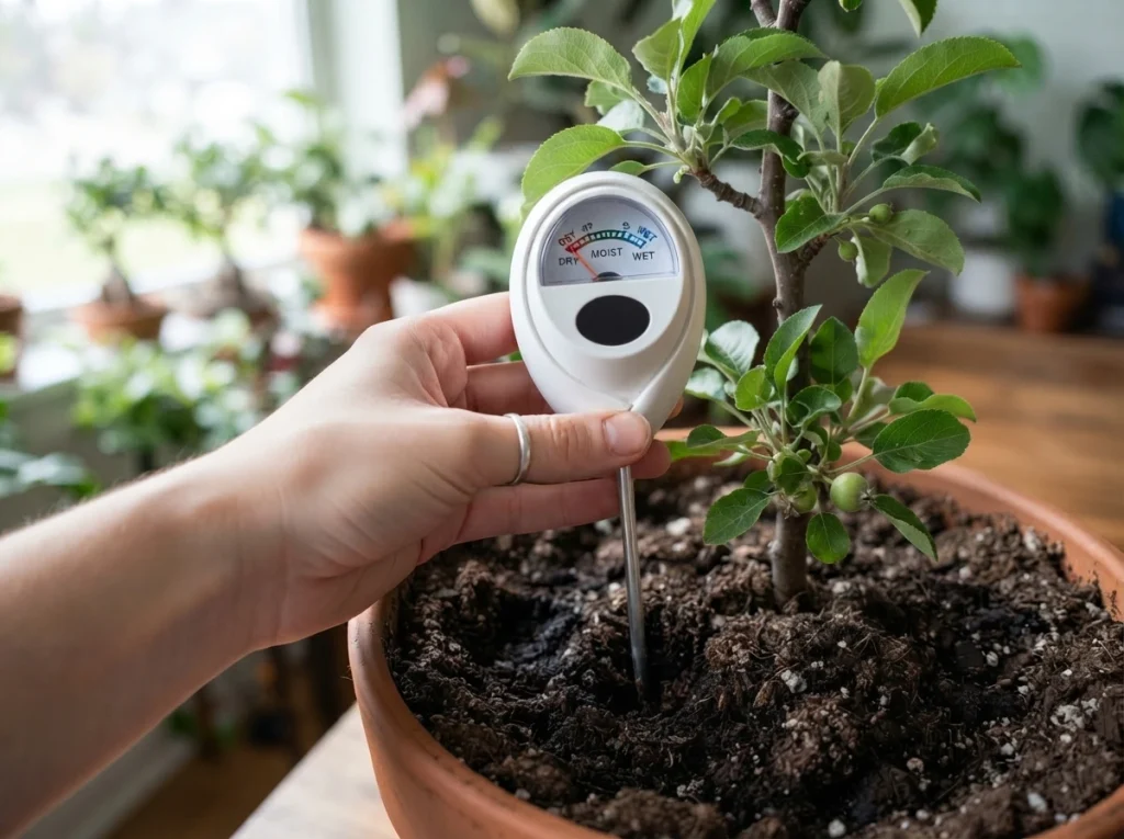 Checking soil moisture beneath an apple tree wood-chip mulch ring