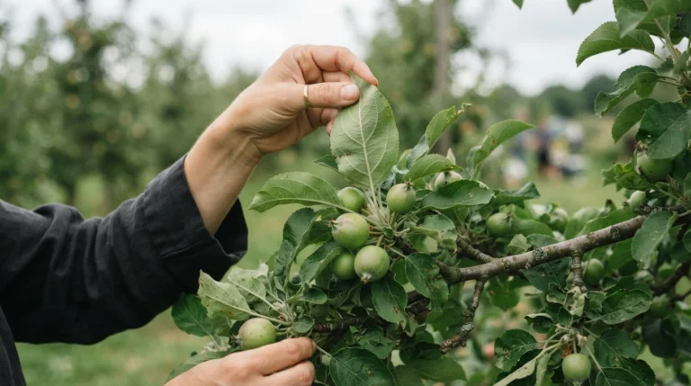 apple tree pest control inspection of buds, leaves, and developing fruit