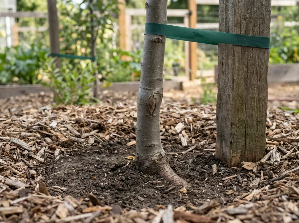 Planting example for apple tree rootstocks with mulch clear of the trunk and a support post.