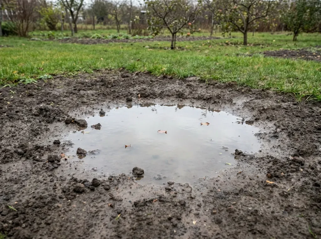 Standing water at a potential planting site being assessed for apple tree rootstocks.