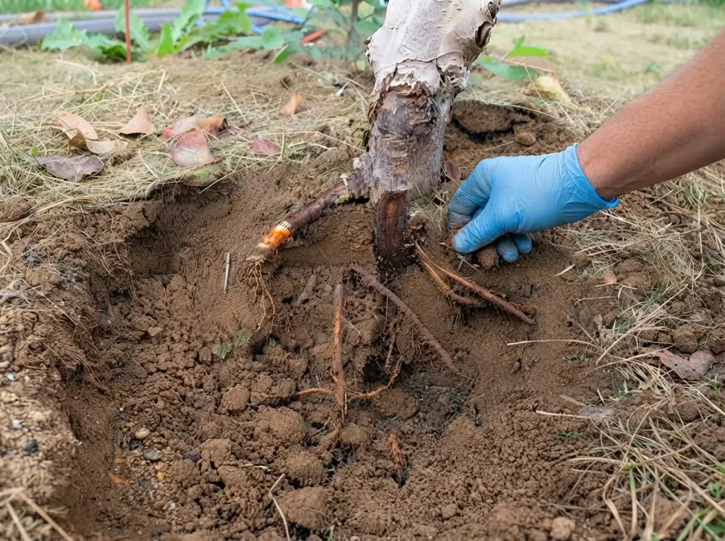Apple tree root collar and drainage area inspected for MM106 site problems