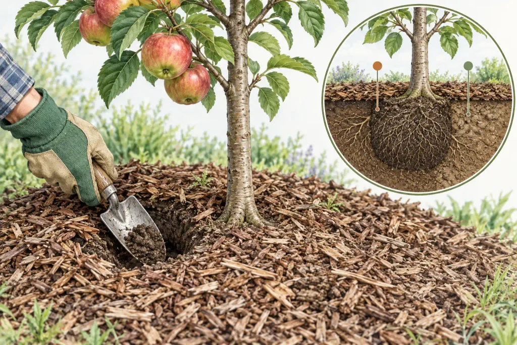 Illustration of a gloved hand checking soil moisture beside an apple tree, with an inset showing root-ball and surrounding soil inspection points.