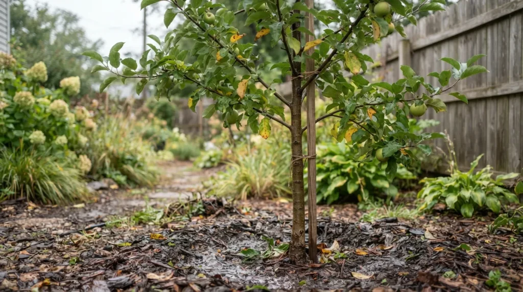 overwatered apple tree symptoms showing yellow leaves beside waterlogged soil