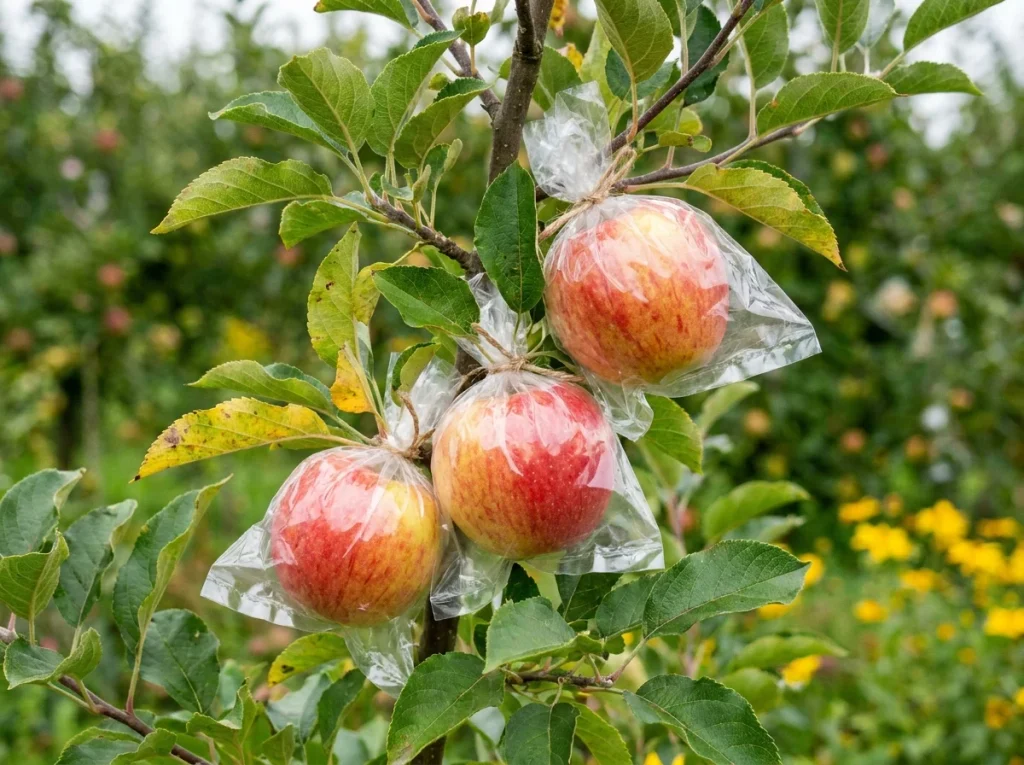 paper and mesh fruit bags covering young apples to block codling moth egg laying
