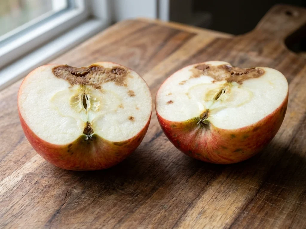 Bitter pit brown lesions on Honeycrisp apple skin