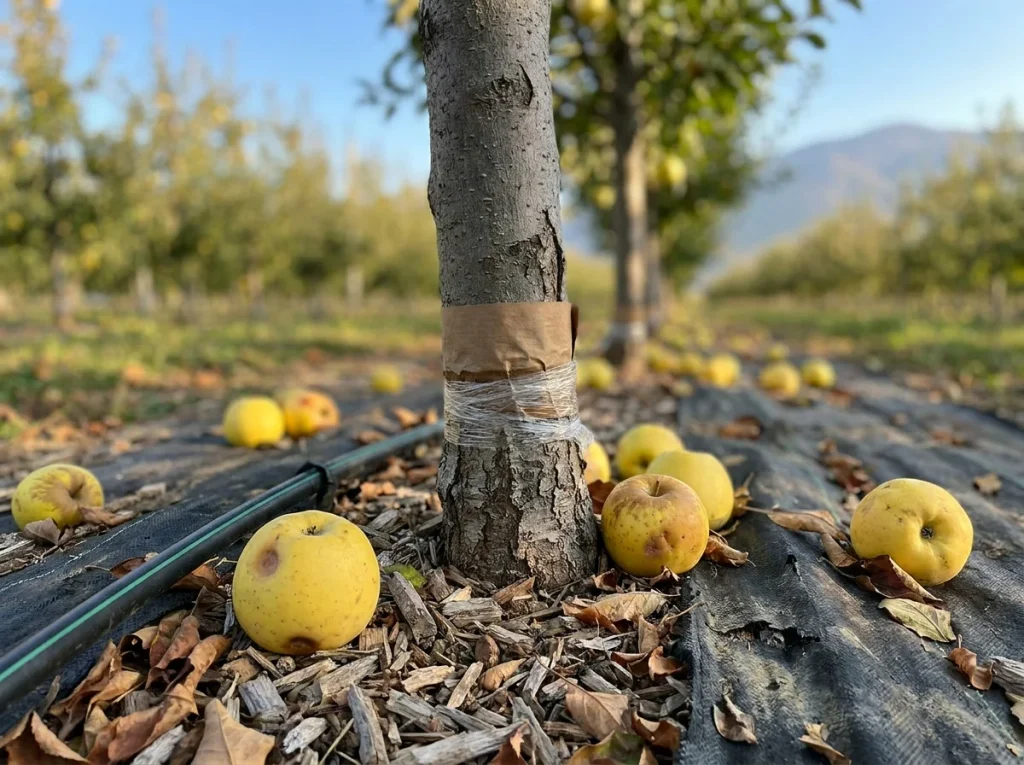 corrugated cardboard band wrapped around an apple trunk to trap codling moth larvae