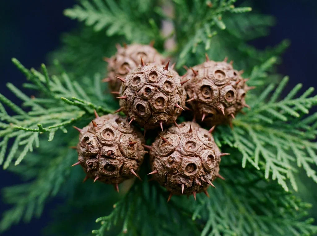 Juniper gall comparison: Organic treatment for cedar apple rust: dry juniper gall and wet gall with orange horns.