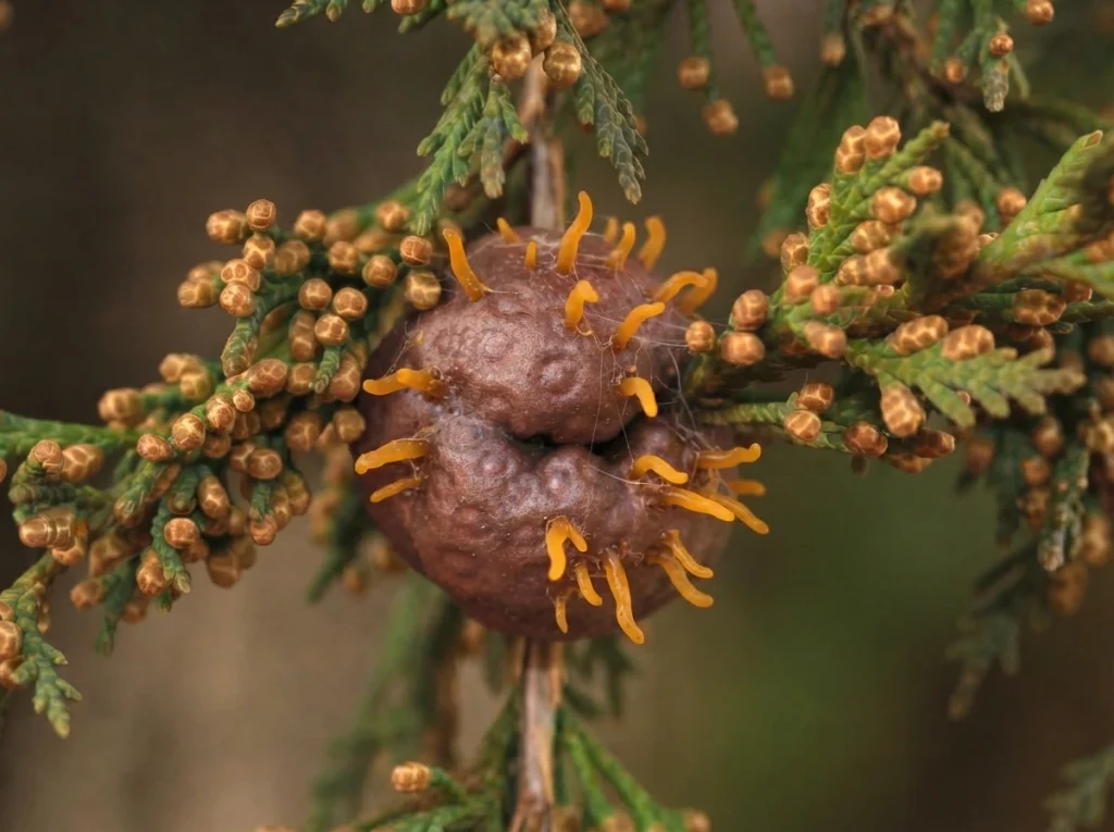 cedar apple rust gall on eastern red cedar with orange gelatinous horns after rain