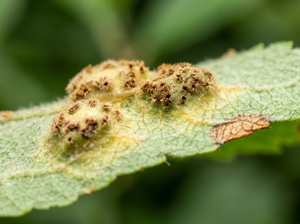 `cedar apple rust leaf showing orange upper spots and fringed structures underneath