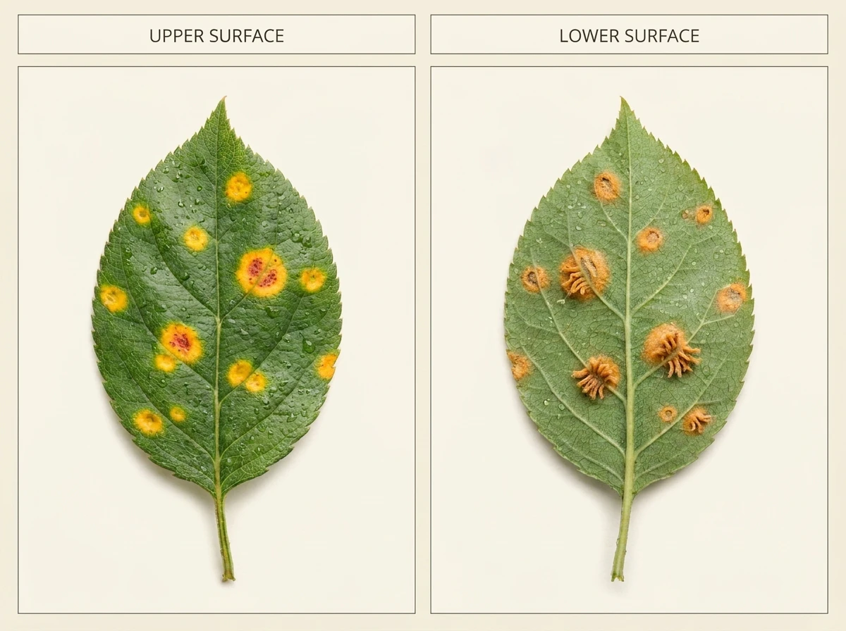 Leaf comparison: Organic treatment for cedar apple rust: upper leaf lesions and underside fungal tubes.