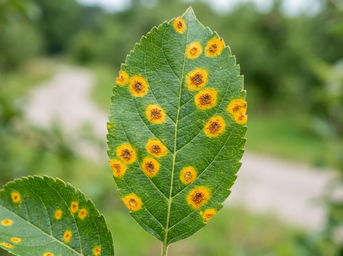 Cedar apple rust orange spots on apple leaf