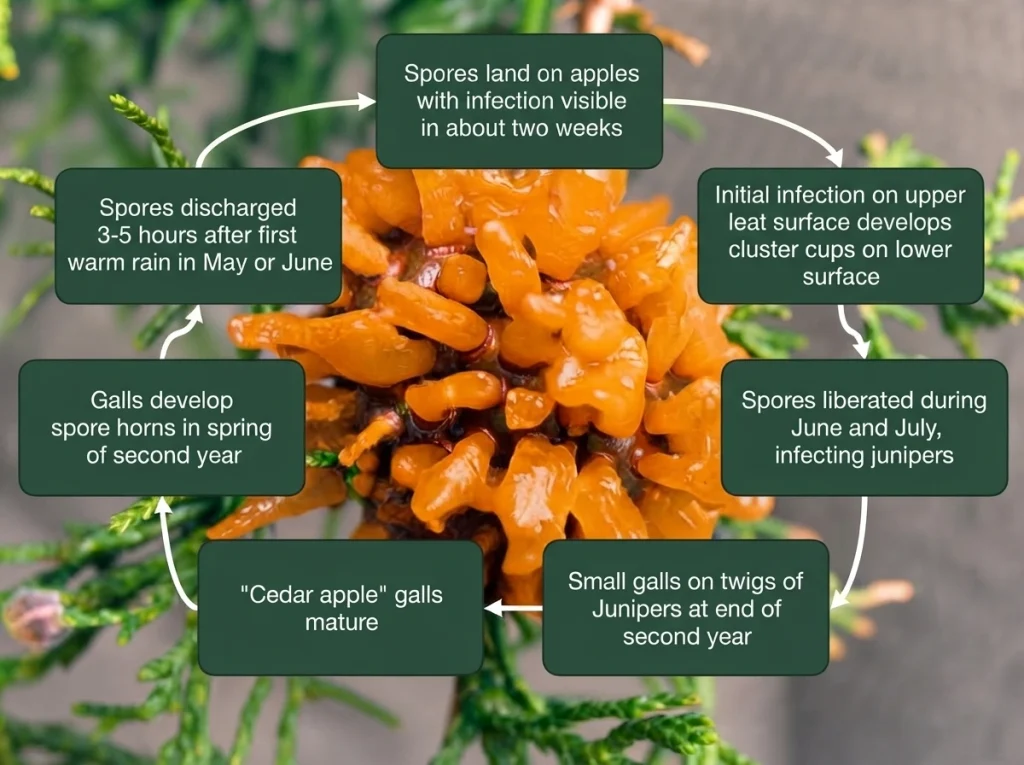 cedar apple rust lifecycle showing spring spread to apples and summer return to junipers