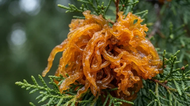 juniper apple rust gall with orange gelatinous horns on an eastern red cedar branch