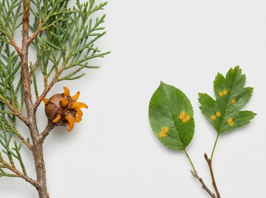 Two-host rust cycle with spring spores moving from juniper to apple or hawthorn and later spores returning to juniper.