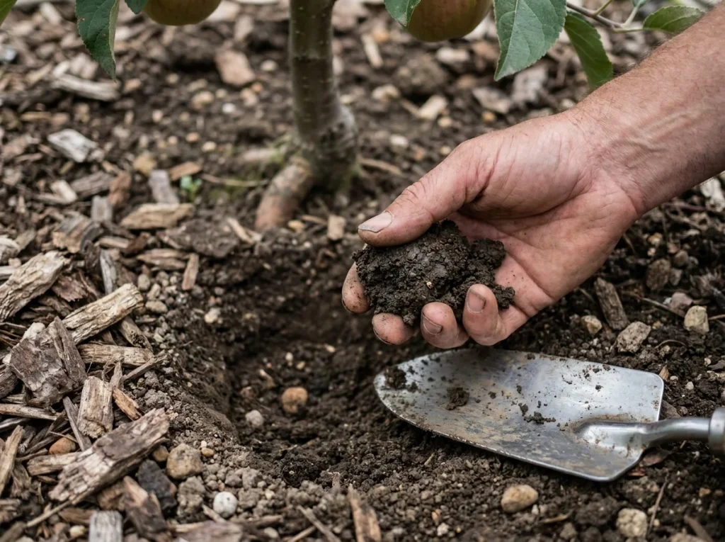 Gardener checking soil moisture beneath an apple tree