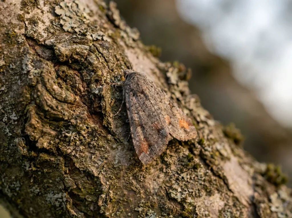 codling moth adult resting on bark, mottled gray-brown with copper wing tips