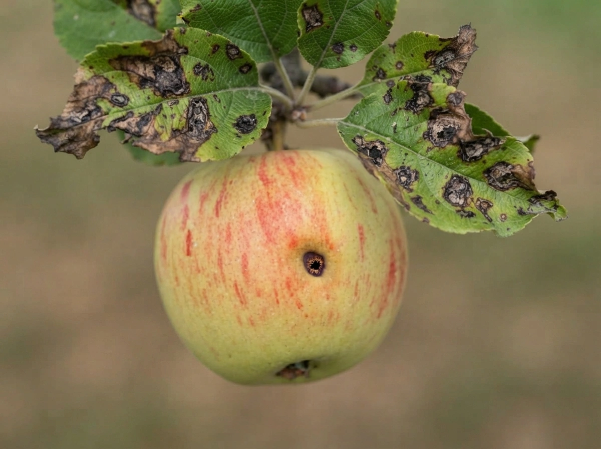 Apple pest damage comparison showing a core tunnel and winding trails through fruit flesh