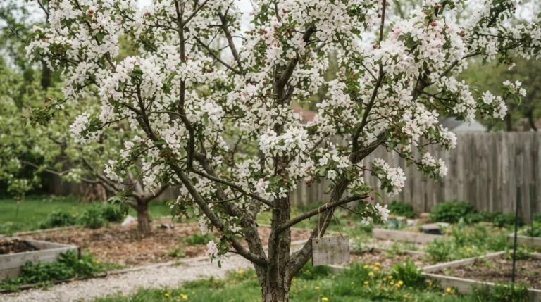 Houcks crabapple tree with spring blossoms and small fruit in a backyard orchard