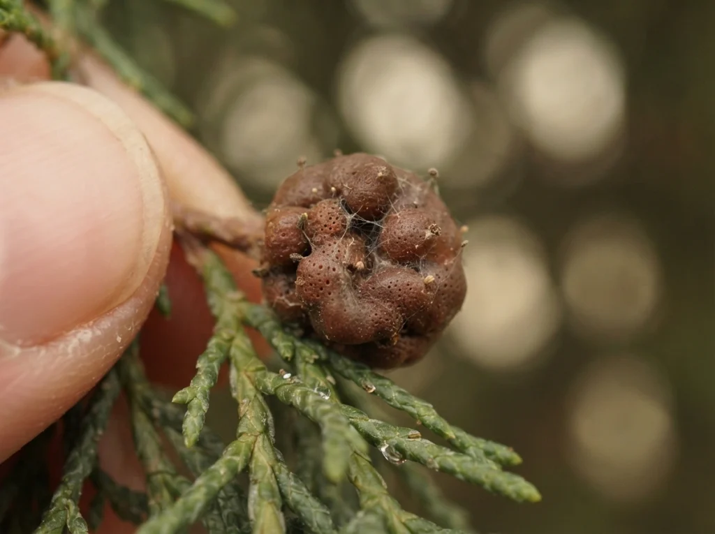 Dormant cedar apple rust gall attached to a juniper twig before orange horns emerge
