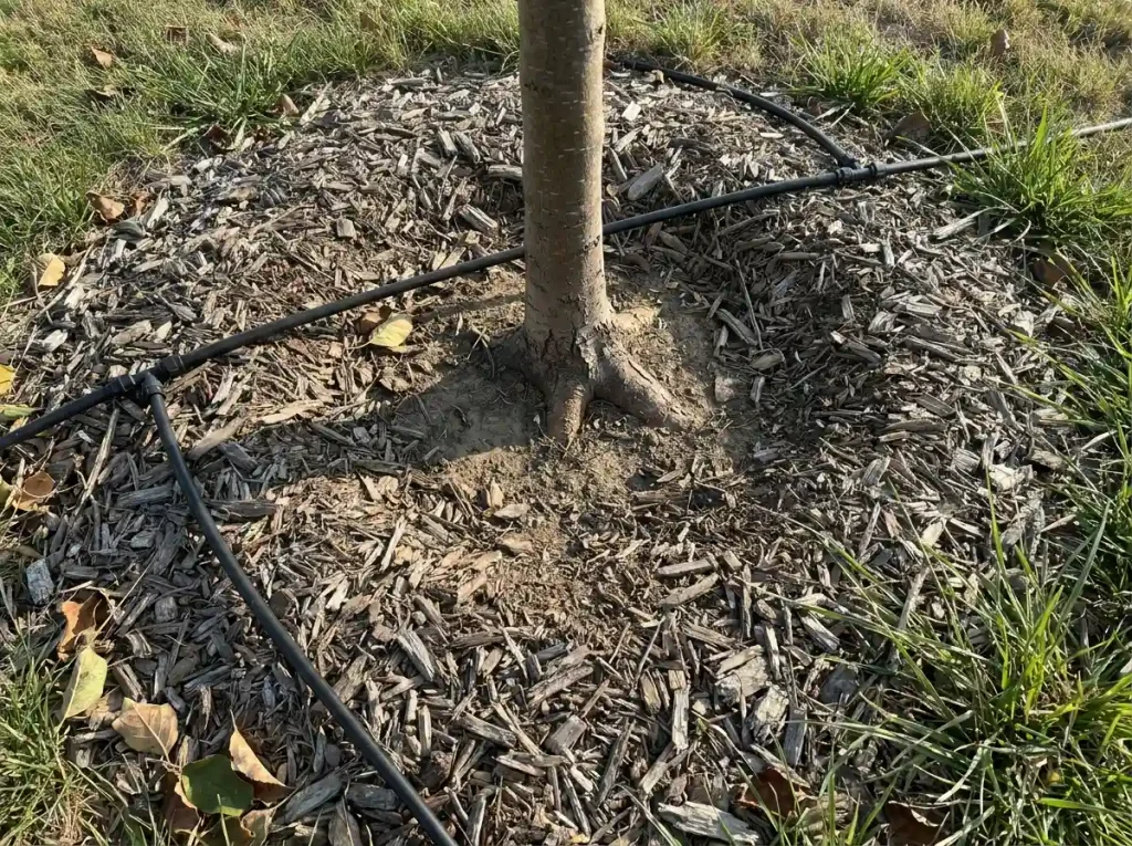 Drip irrigation and a flat mulch layer around an apple tree with its root flare exposed