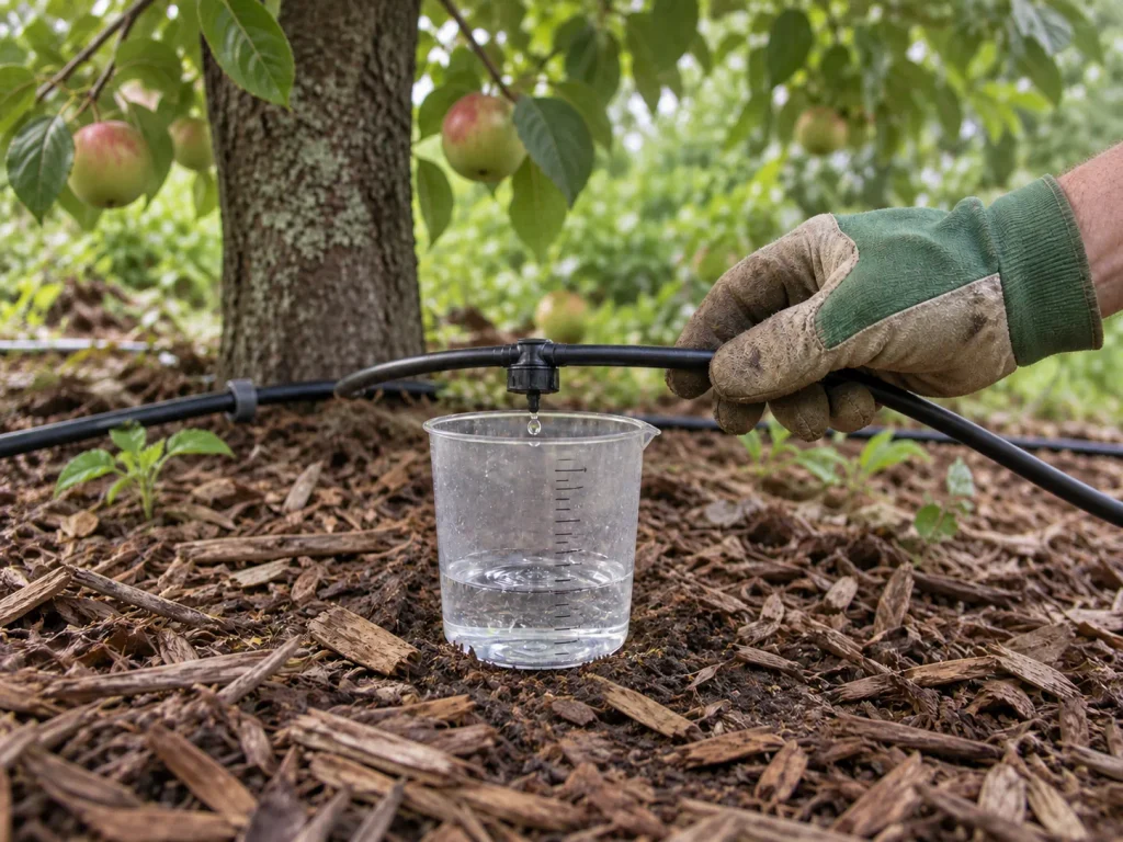 Measuring apple tree drip emitter output in a graduated container before calculating watering time