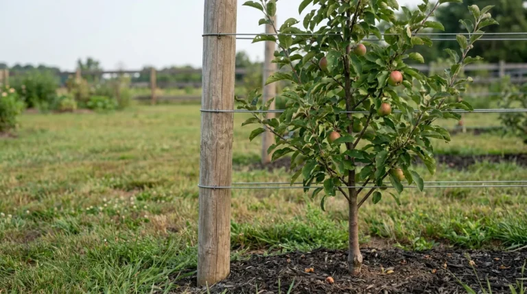 M9 rootstock apple tree trained on a permanent support in a backyard orchard