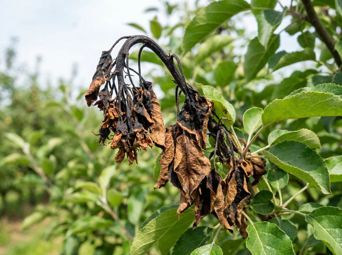 Fire blight shepherd's crook on apple shoot tip