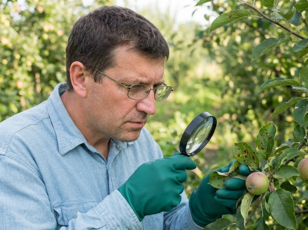 gardener inspecting apple leaf disease