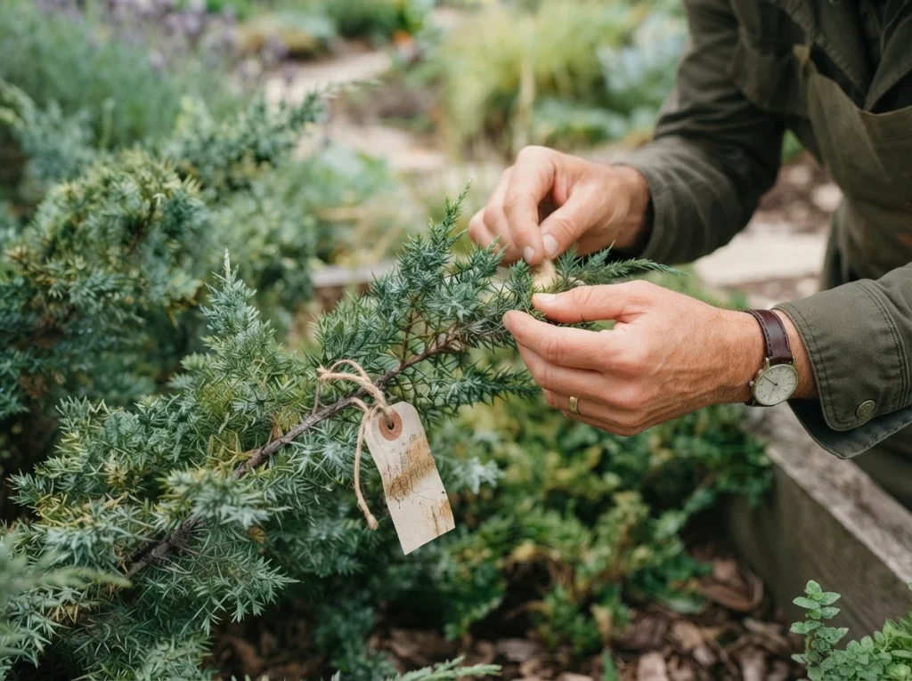 Gardener photographing a marked juniper twig for a dated gall inspection record