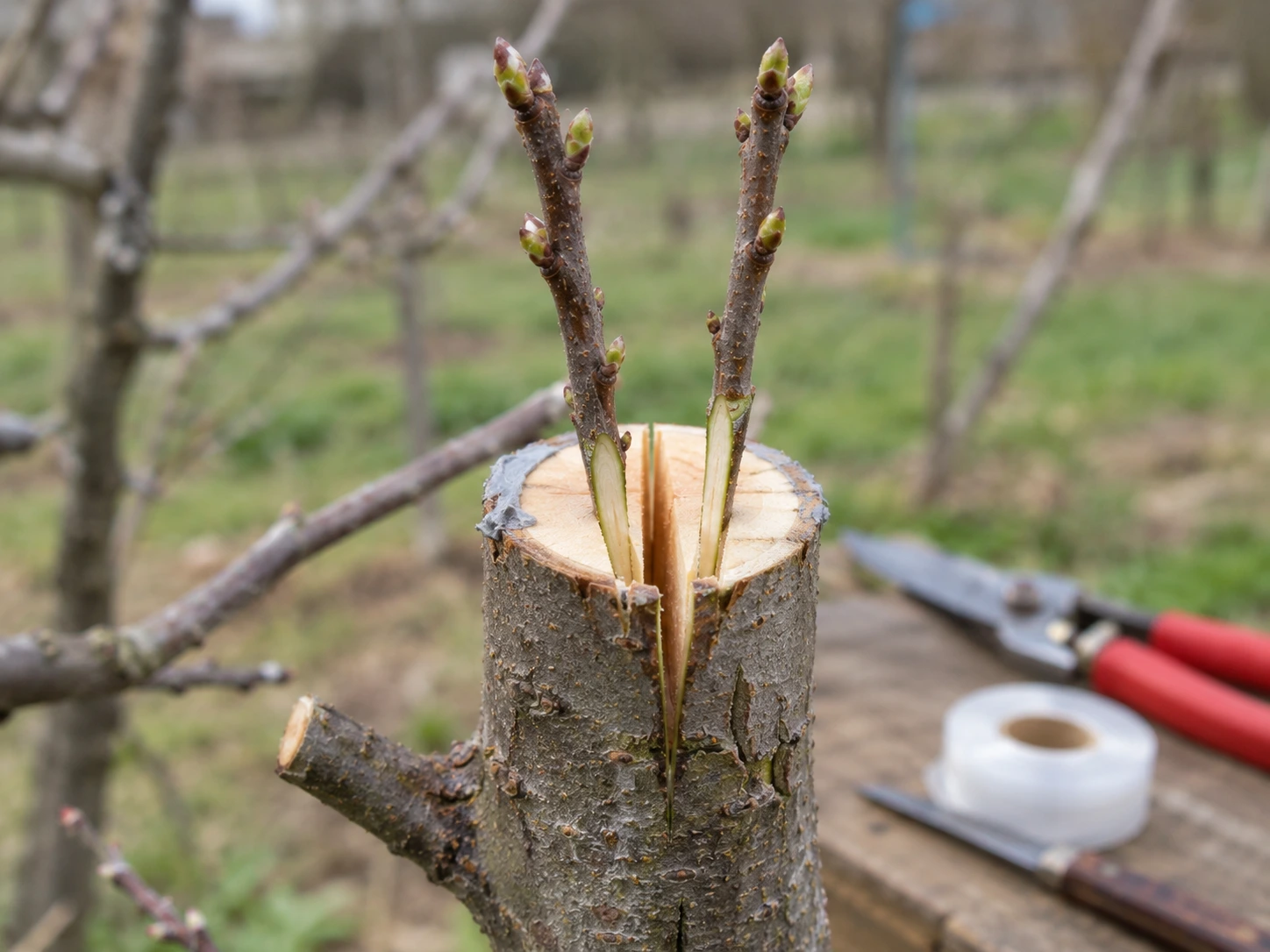 How to graft apple trees with a cleft graft on a larger established branch