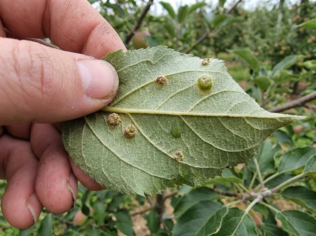 Grower inspecting the underside of an apple leaf for disease symptoms