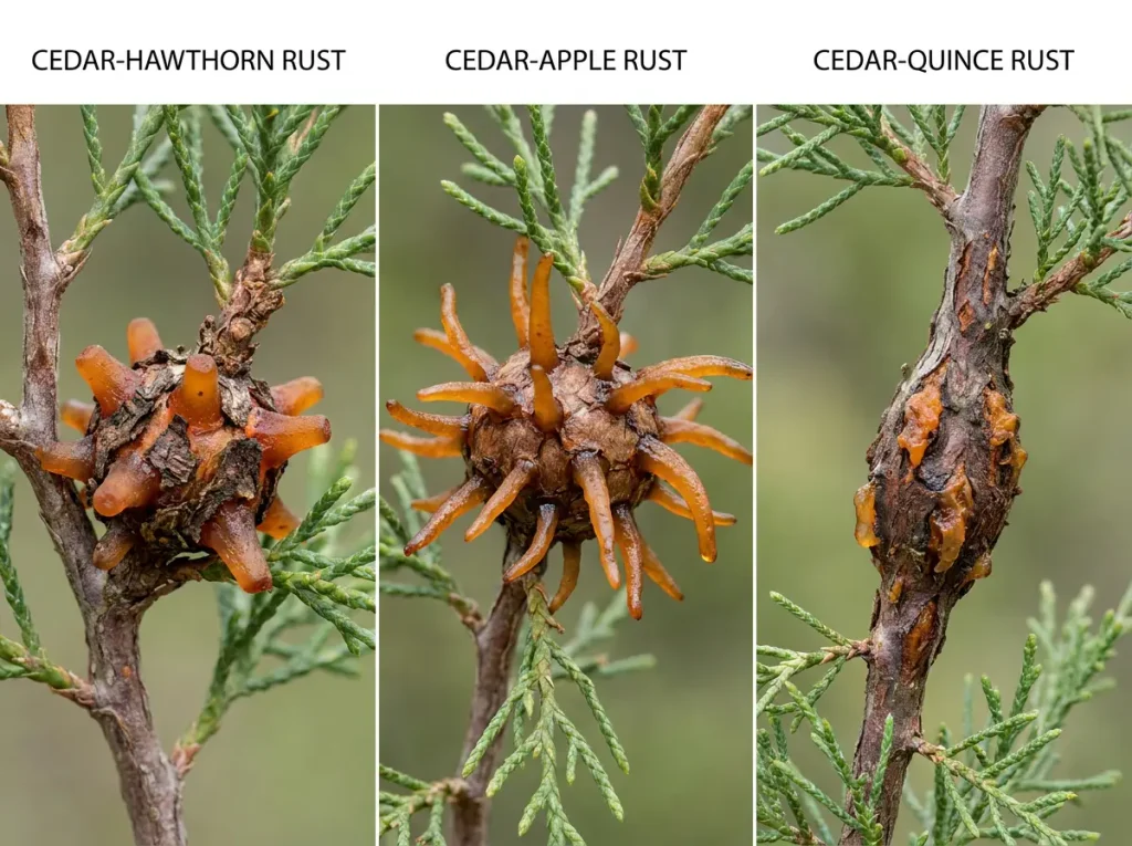Juniper rust comparison showing compact gall projections, longer orange horns, and an elongated branch swelling.