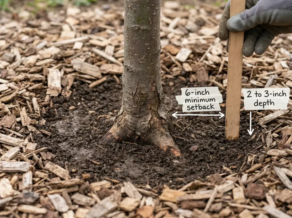 Apple tree mulch depth check beside an exposed root flare and clear trunk opening