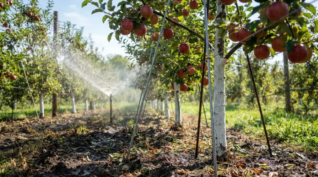 how often to water apple trees, shown with slow watering over a young tree's root zone