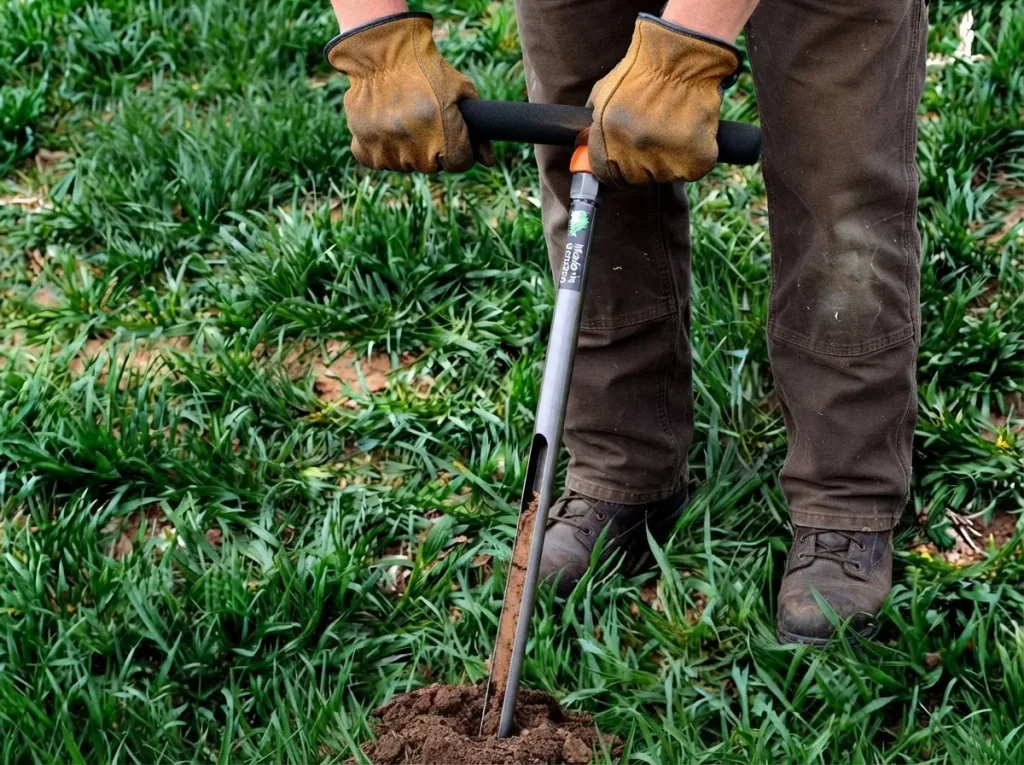 Checking soil moisture between apple tree drip emitters with a narrow soil sampler