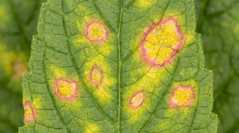 Organic treatment for cedar apple rust: apple leaf showing orange rust spots.
