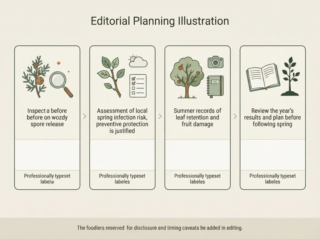 Seasonal plan: Organic treatment for cedar apple rust: seasonal inspection and prevention plan.